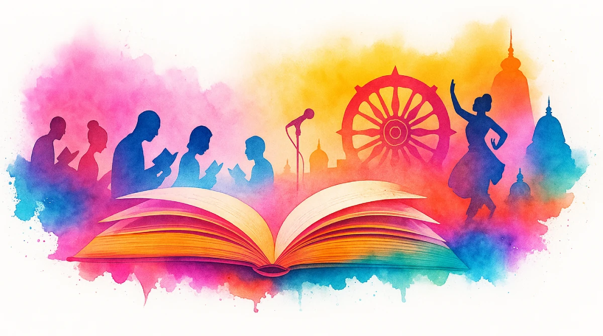 Festival crowd and literature ambience